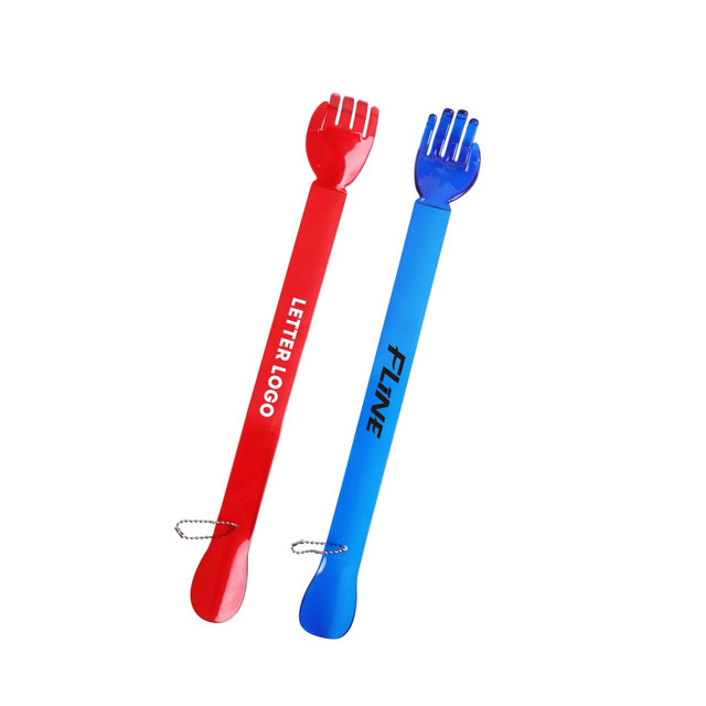 A red back scratcher and a blue shoehorn, both with a keyring attachment, featuring a logo on each.