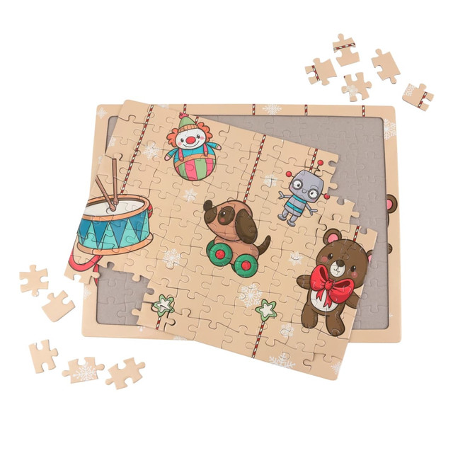 A custom jigsaw puzzle featuring colourful cartoon characters and festive elements, with pieces scattered around.