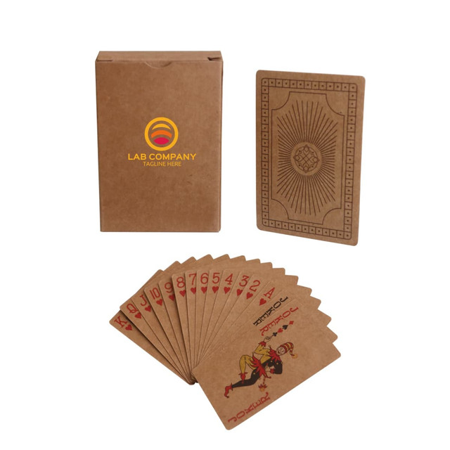 Kraft paper playing cards in a brown box with a classic design, featuring red and black illustrations on the cards.