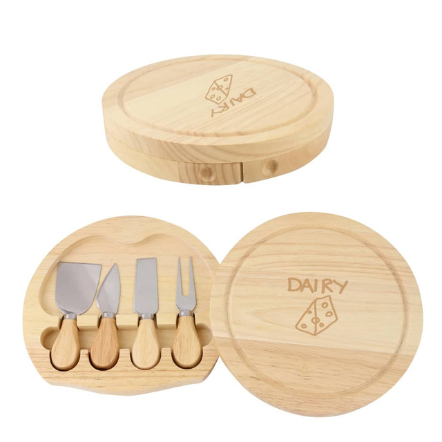 A wooden cheese board set in light wood, featuring four stainless steel cheese knives with wooden handles.