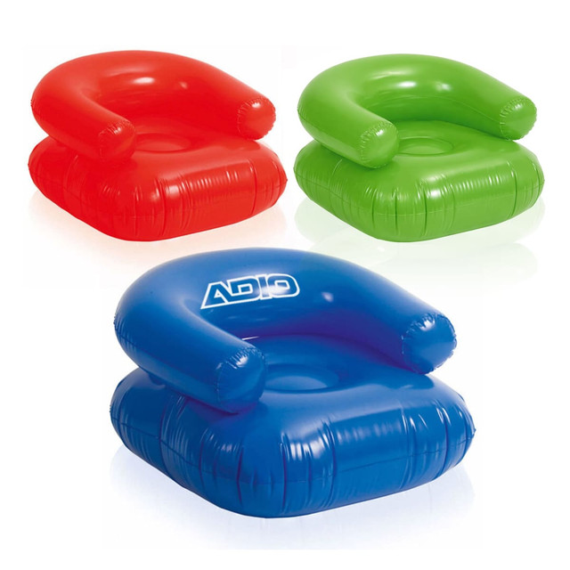 Custom inflatable chairs in red, green, and blue, featuring rounded backs and armrests, with a logo on one chair.