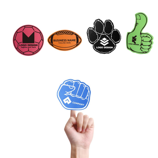 A hand holding a blue foam mitt, with red, green, black, and orange foam mitts displayed above it. Each has a logo.