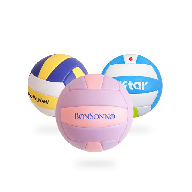 Three volleyballs in various colours, including purple, blue, yellow, and white, featuring different designs and logos.