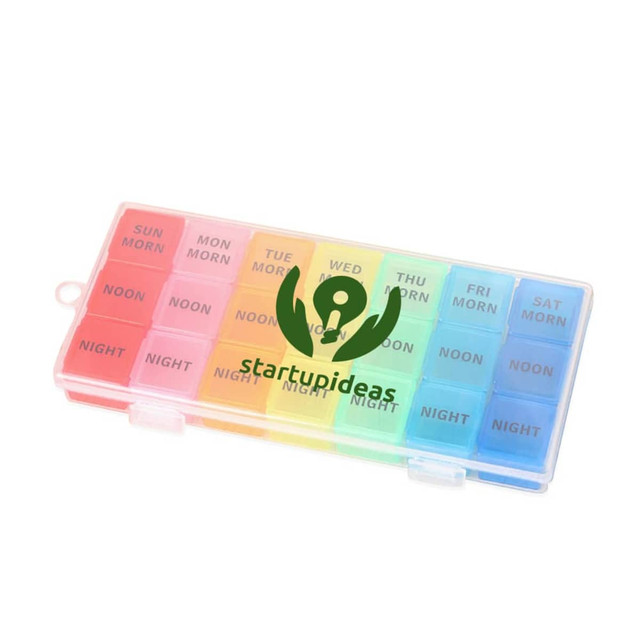 A multi-coloured pill organiser featuring compartments for each day and time, with a logo on the surface.