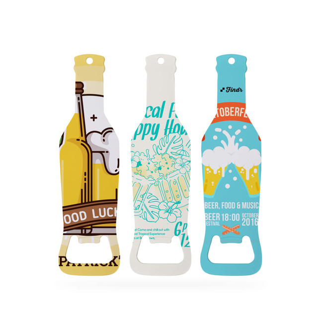 A drink bottle shaped opener in vibrant colours, featuring various designs and a logo. Ideal for keyrings and tools.