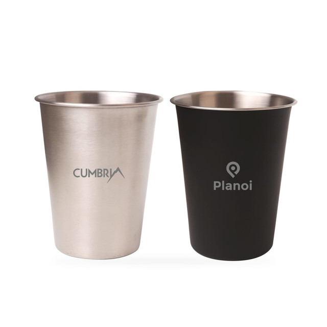 A stainless steel cup with a natural finish and a black cup, both featuring branding. Capacity of 350ml.