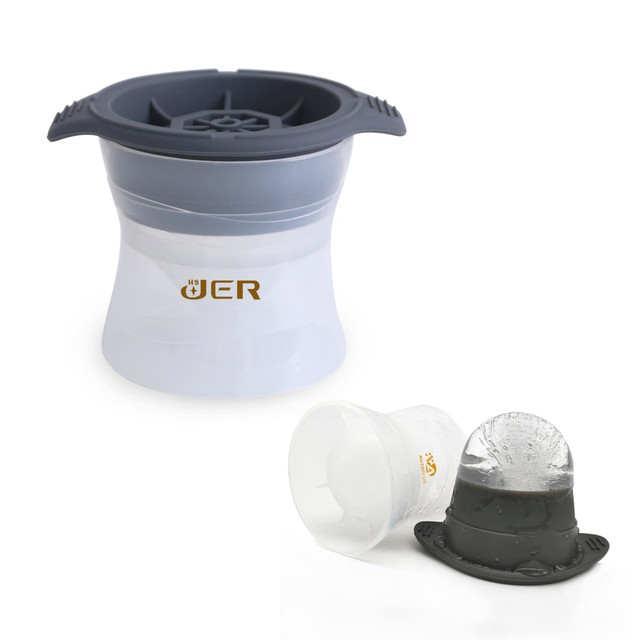 A whisky ice ball mould in grey and white, featuring a removable base and an ice sphere. Includes branding.