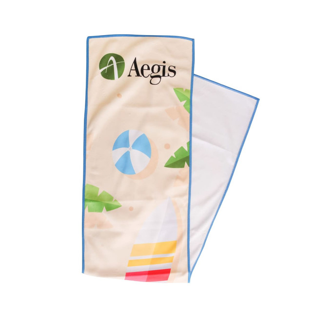 A microfibre beach towel in light colours, featuring palm leaves and beach-themed designs, with a logo.