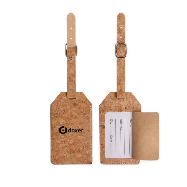 A cork luggage tag featuring a natural cork surface, a leather strap, and a pocket for information.