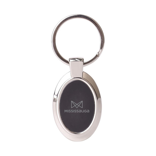 A silver oval keyring featuring a black insert and a logo on one side.