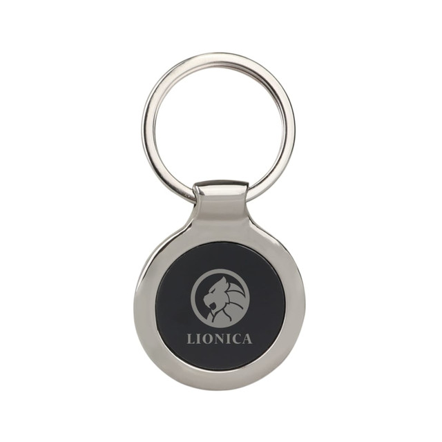 A silver keyring with a round design and a black centre featuring a logo.
