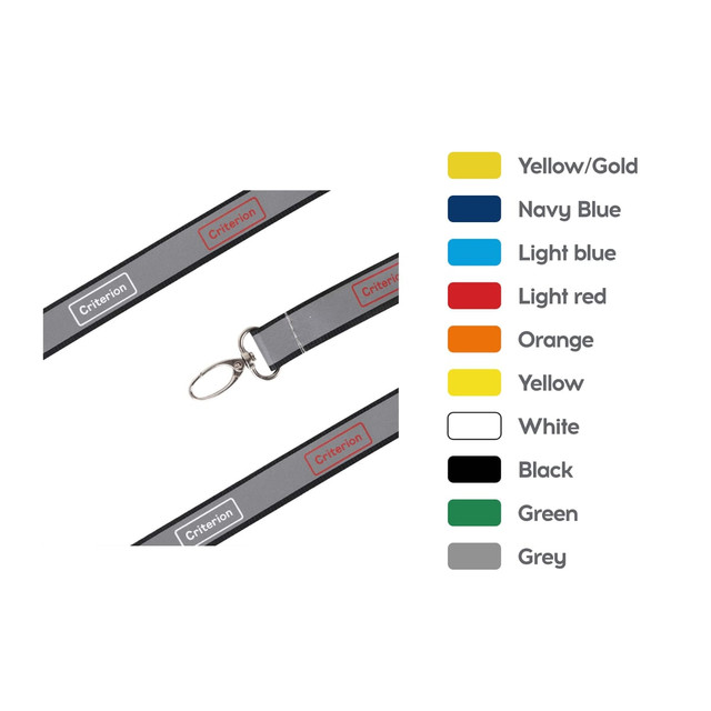 A grey safety lanyard with a metal clip and a logo, available in multiple colours including yellow, blue, and orange.