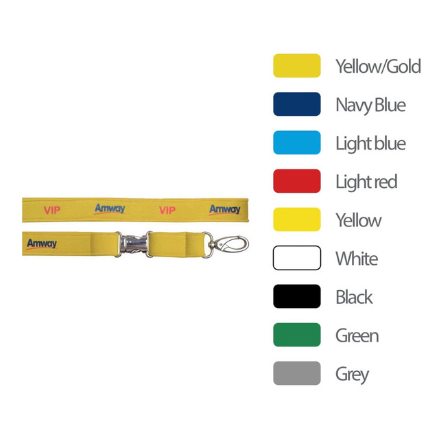 A yellow neoprene lanyard with a clasp and a logo, accompanied by a colour chart for various options.