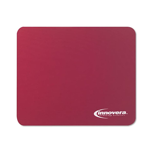 A maroon mouse mat featuring a logo on the bottom right corner, made from natural rubber and PVC.
