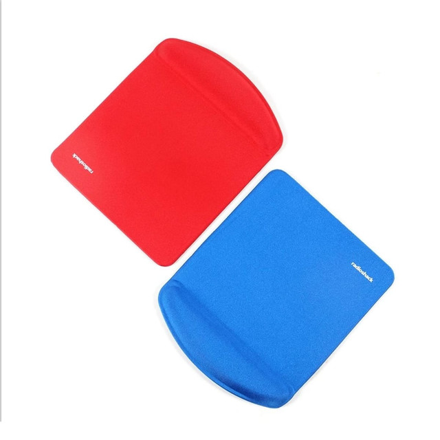 A rectangular gel pad set in red and blue, featuring a smooth surface and a curved edge for comfort.