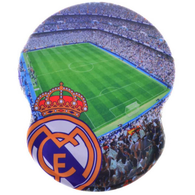 A mouse mat featuring a football stadium filled with fans, adorned with a logo and in vibrant colours.