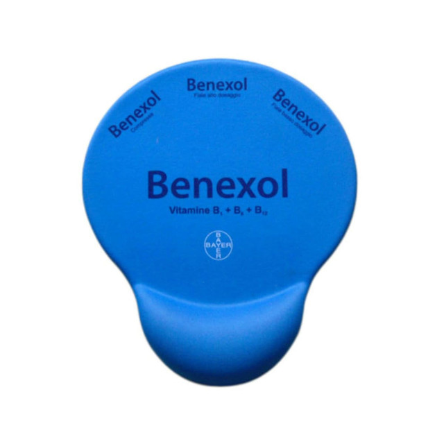A blue gel pad with a rounded edge and a logo, designed for use as a mouse mat.