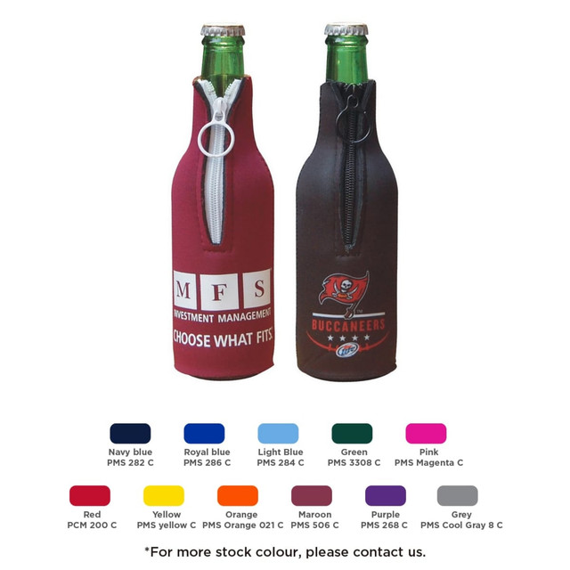 A drink bottle cooler featuring a zippered design in maroon and black, with branding and a variety of colour options below.