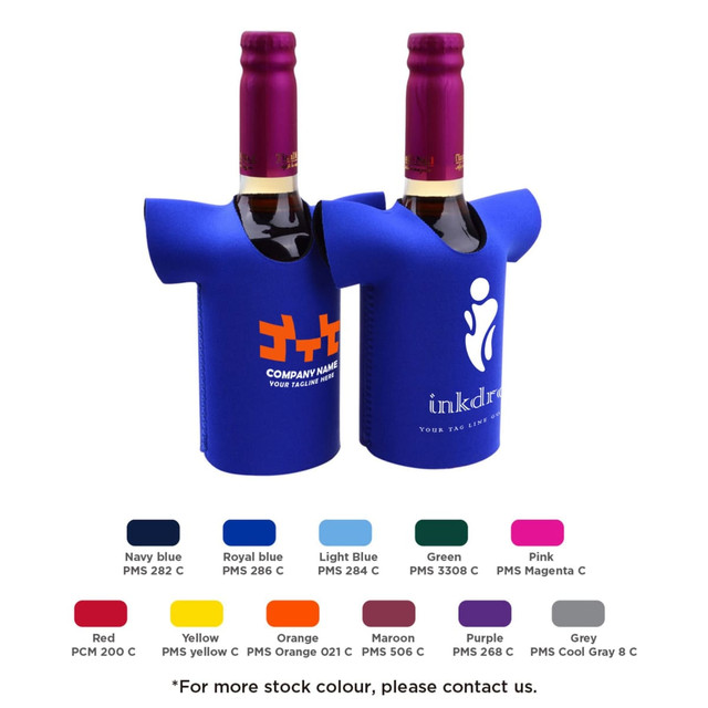 A drink bottle cooler in blue, designed to hold two bottles. It features a logo on one side.