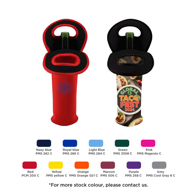 A drink bottle cooler in red and black featuring a handle, with a logo and various colour swatches below.