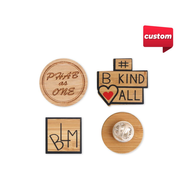Custom shaped bamboo lapel pins in circular and square designs, featuring natural wood tones and various engraved messages.