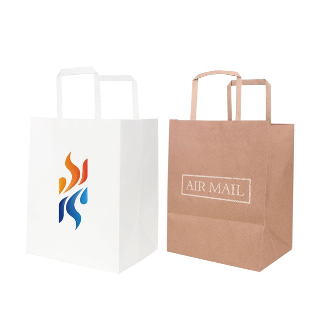 Two flat handle kraft paper bags, one in white with a logo, and one in brown with an 'AIR MAIL' design.