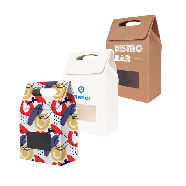 Three die-cut handle bags: a colourful patterned bag, a white bag with a window, and a brown kraft bag, all with handles.