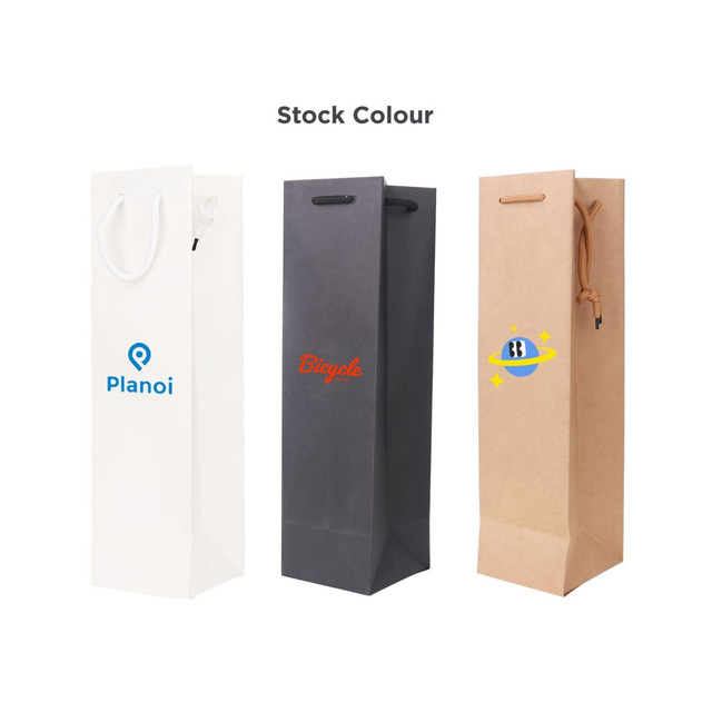 A wine bottle paper bag in white, grey, and brown with handles; features various logos on each design.