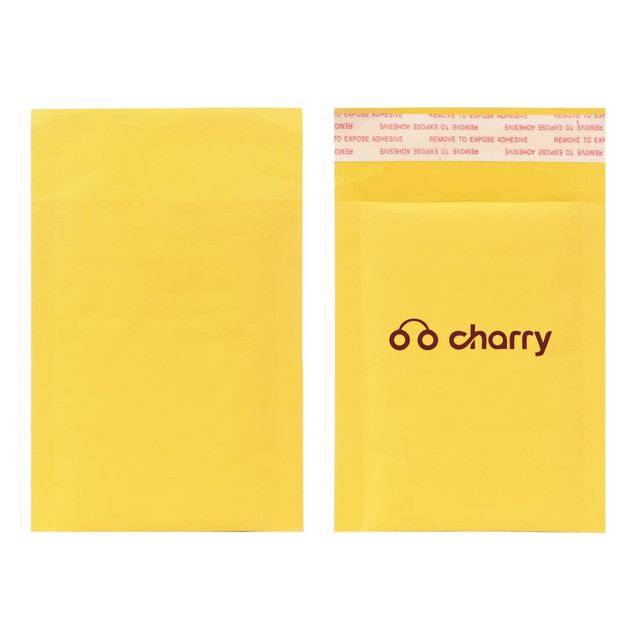 A medium padded bubble envelope in yellow, featuring a logo on one side and a peel-and-seal closure.