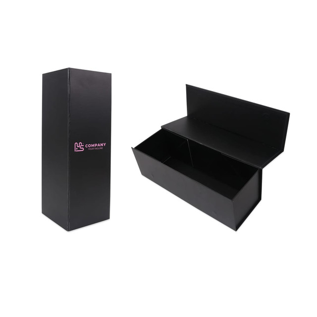 A black foldable magnetic wine box, open to reveal the interior compartment, featuring a logo.