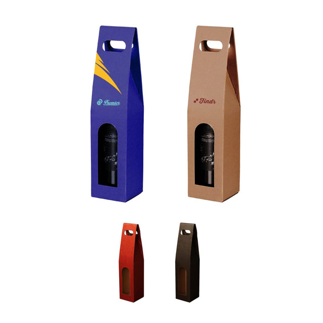 A drink bottle packaging box in purple, brown, red, and black, featuring cut-out windows and carrying handles.