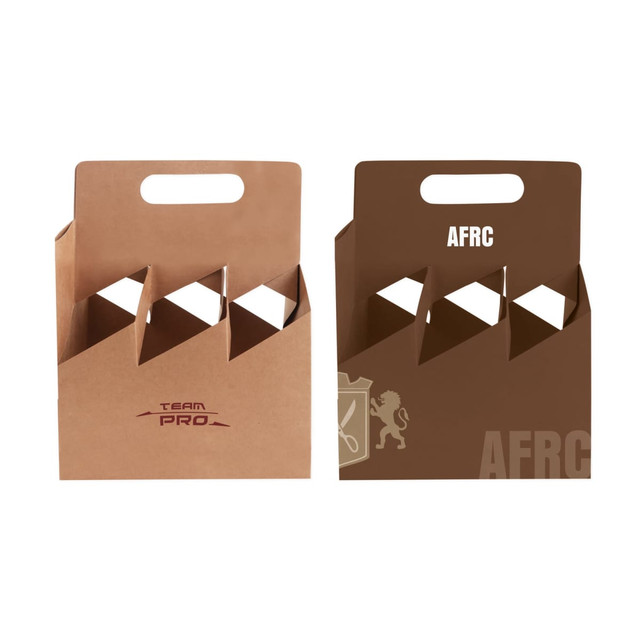 A portable wine box in brown with cut-out sections, featuring a handle and a logo. Holds six bottles.