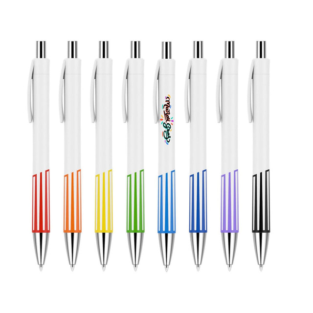 A set of colourful pens with a creamy white barrel and vibrant gradient accents at the bottom. Each pen has a logo.