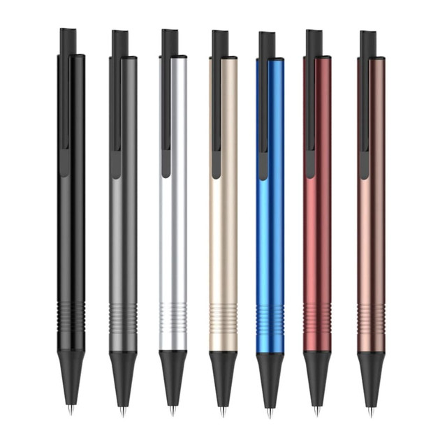 A collection of eight Sword Pens in black, silver, gold, blue, red, and rose gold, featuring a sleek design and clips.
