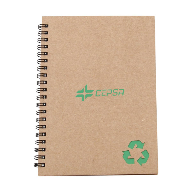 A brown spiral-bound notebook featuring a recycling symbol and a logo on the front cover.