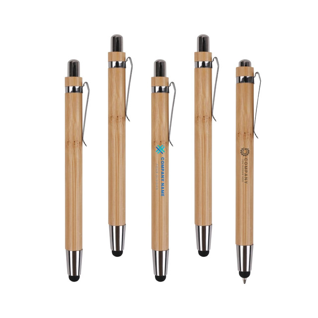A set of bamboo pens featuring a stylus nib, with black accents and various branding on the barrels.