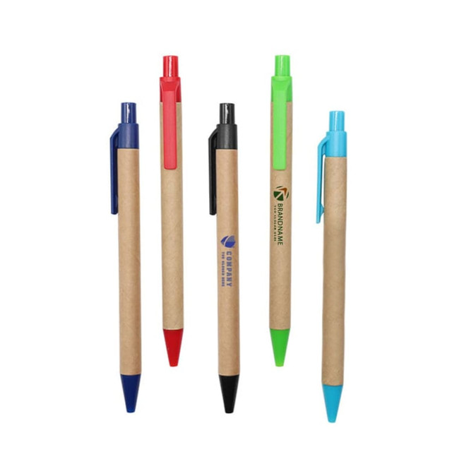 A collection of five plastic pens with kraft paper barrels in blue, black, red, green, and aqua colours, featuring logos.