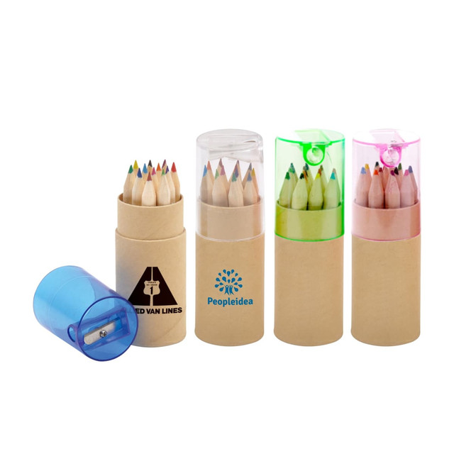 A set of coloured pencils in assorted hues, packaged in clear containers with a sharpener. Features branding on one container.
