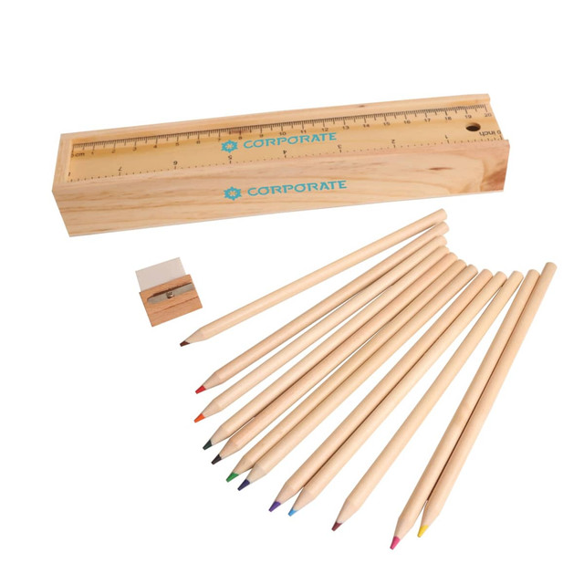 A wooden pencil set with 12 coloured pencils, a sharpener, and a ruler, all in a wooden box with branding.