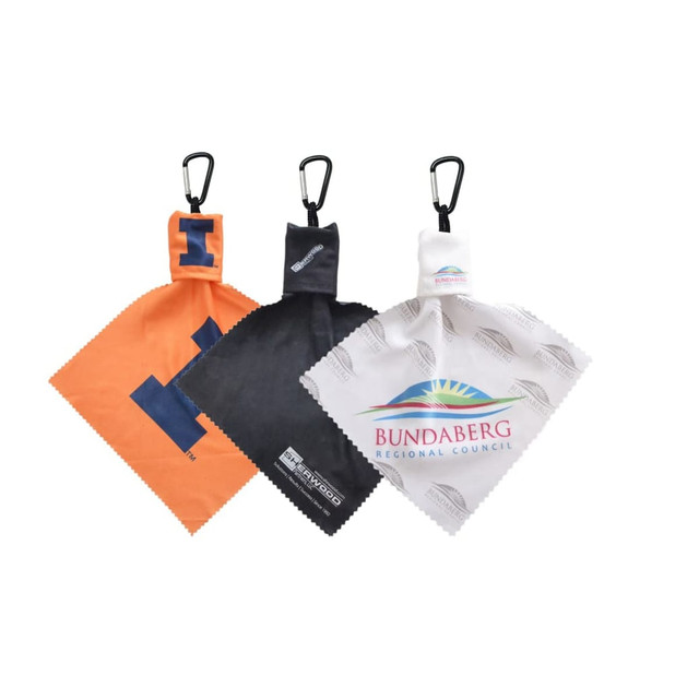 Microfibre lens cloths in orange, black, and white, each featuring a carabiner and a logo.
