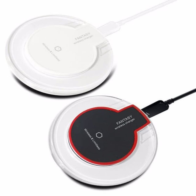 A white and a black wireless charger, featuring a circular design and a visible logo.