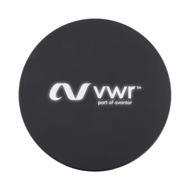 A black wireless charger with a circular design and a logo at the centre.