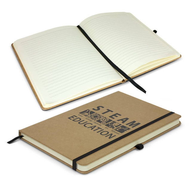 A brown notebook with lined pages and an elastic closure, featuring a logo on the cover.