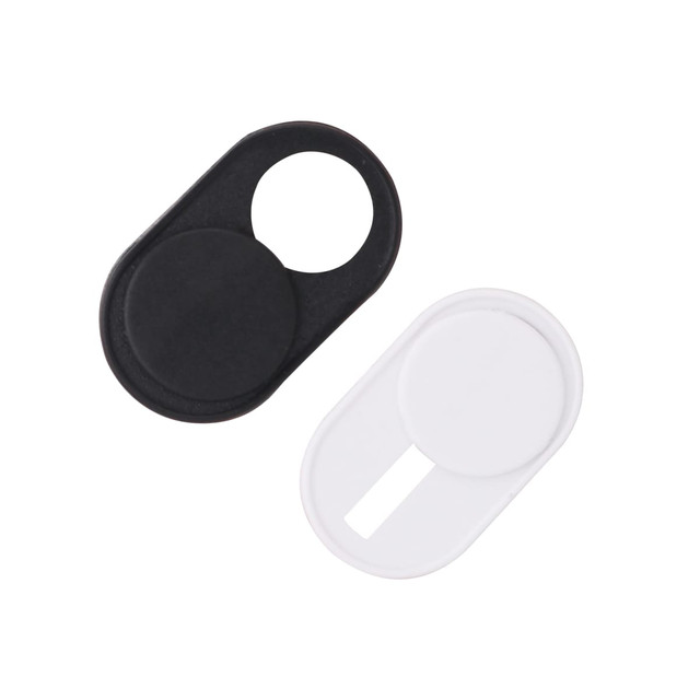 A black and white mini webcam cover set, featuring sliding mechanisms for privacy protection. Each has a circular design.
