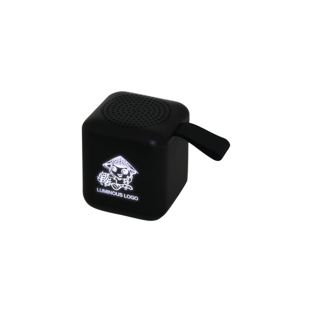 A black lighting cube Bluetooth speaker with a handle and a logo on its surface.