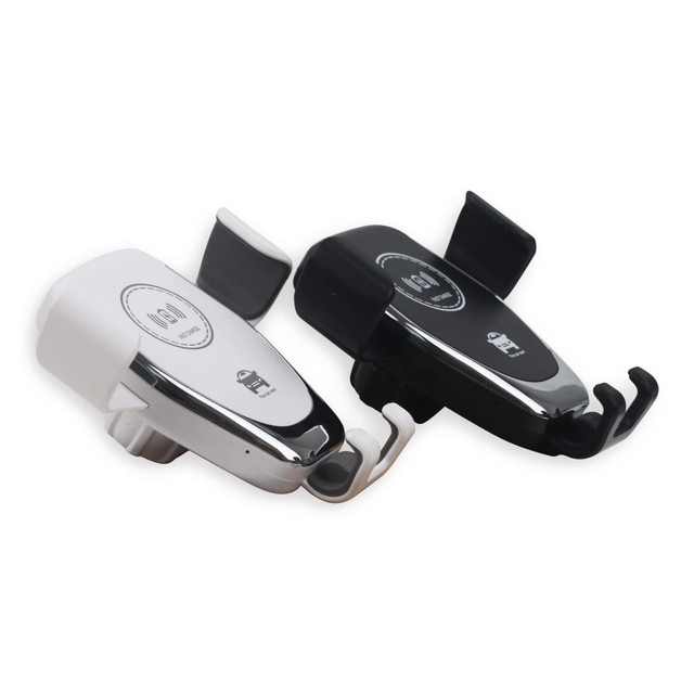A wireless car charger in white and black, featuring a sleek design and equipped with a logo.