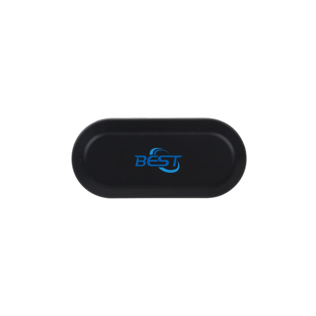 A black case for wireless earbuds with a logo featured prominently on the top.