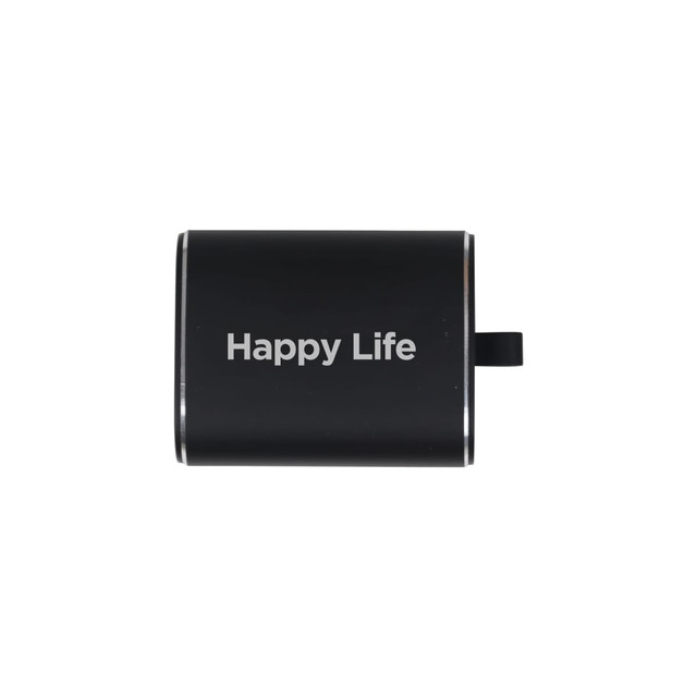 A black metal case for wireless earbuds with a sleek design and a small pull tab. It features a logo on the front.