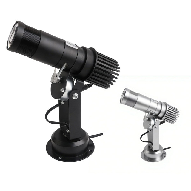 A black and silver LED logo projector light in two sizes, featuring adjustable mounting bases.