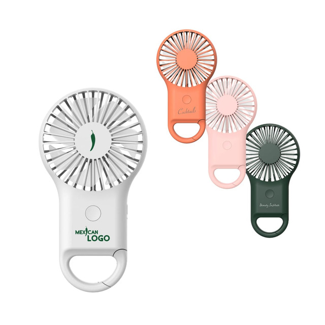 A set of four mini fans in white, coral, pink, and green, featuring a carabiner clip and a logo.